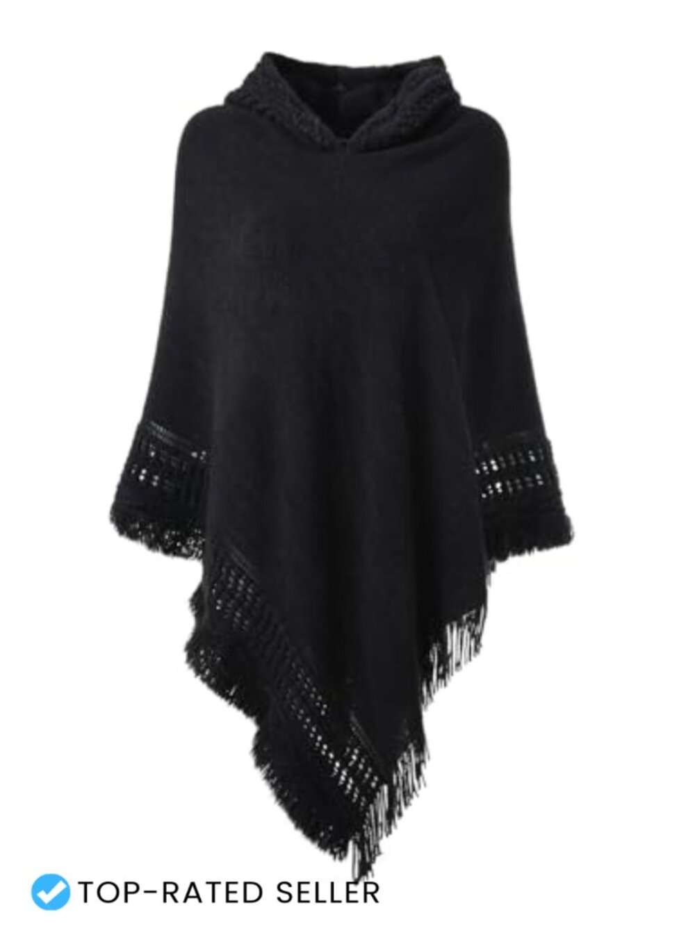 Hooded Knit Poncho with Fringe - Witchy Gothic Cape